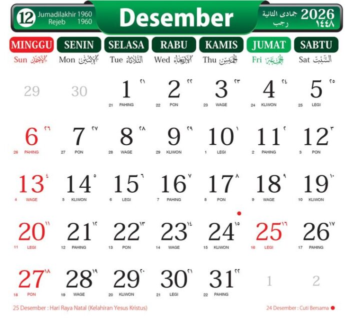 Kalender 2026 Desember Lengkap dengan Hari, Tanggal, dan Informasi Penting